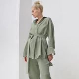 Casual Cotton Sleepwear Oversize Tops Pants 2 Piece Sets Women Loose Lace Up Shirts Suits Female Solid Homewear Outfits