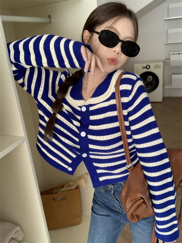 Striped Knitted Cardigan Women Hollow Out Turn Down Collar Long Sleeve Cropped Sweater Loose Outwear Autumn New Tops