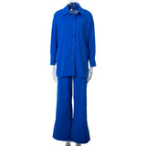 Cotton Homewear Shirt Long Pants 2 Piece Set Female Long Sleeve Shirt Suit High Waist Lace Up Slit Wide Leg Pants Set