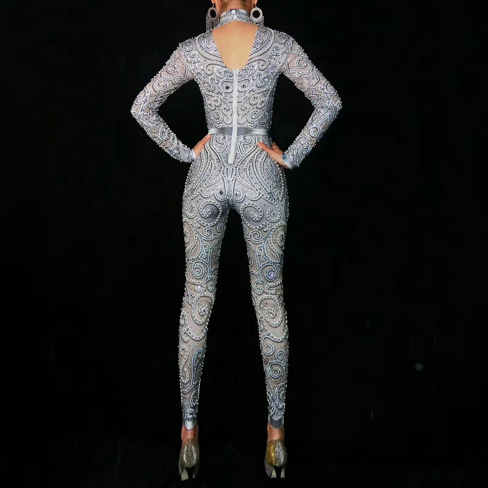 goosudu Flashing Silver Rhinestones Spandex Women Jumpsuit Birthday Celebrate Bar Outfit Singer Dance Wear Leggings Stage Queen Costume