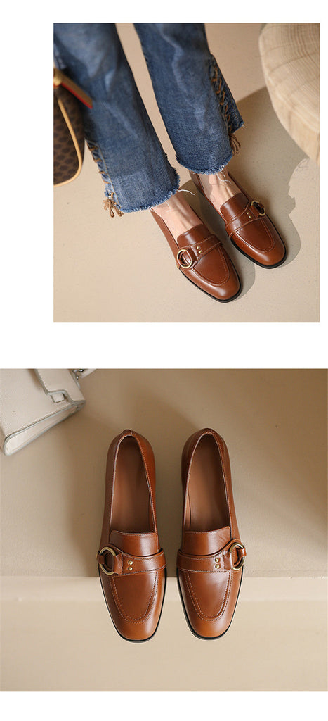 woloong   Spring New Genuine Leather Women Shoes Fashion Retro Slip-On Loafers Shoes Square Toe Shoes Woman Zapatos De Mujer Flats