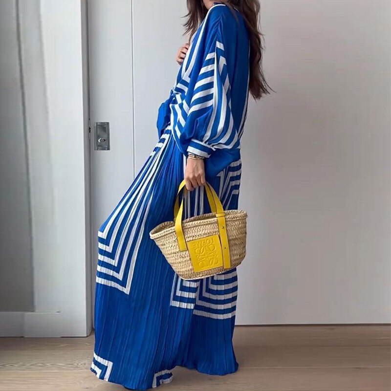 Chiffon Stripe Print Pants Set Loose Women Pajamas Lace Up Long Sleeve Shirt 2 Pieces Set Sleepwear Female Wide Leg Pants Suit