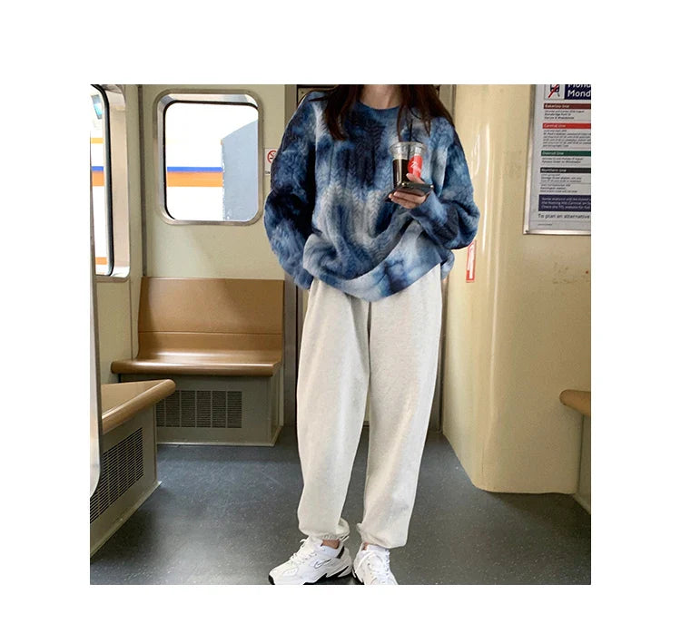 Winter Women Purple Sweater Crew Neck Twist Tie Dye Korean Fashion Lazy Wind Loose New Pullover Long Sleeves Knitting Tops