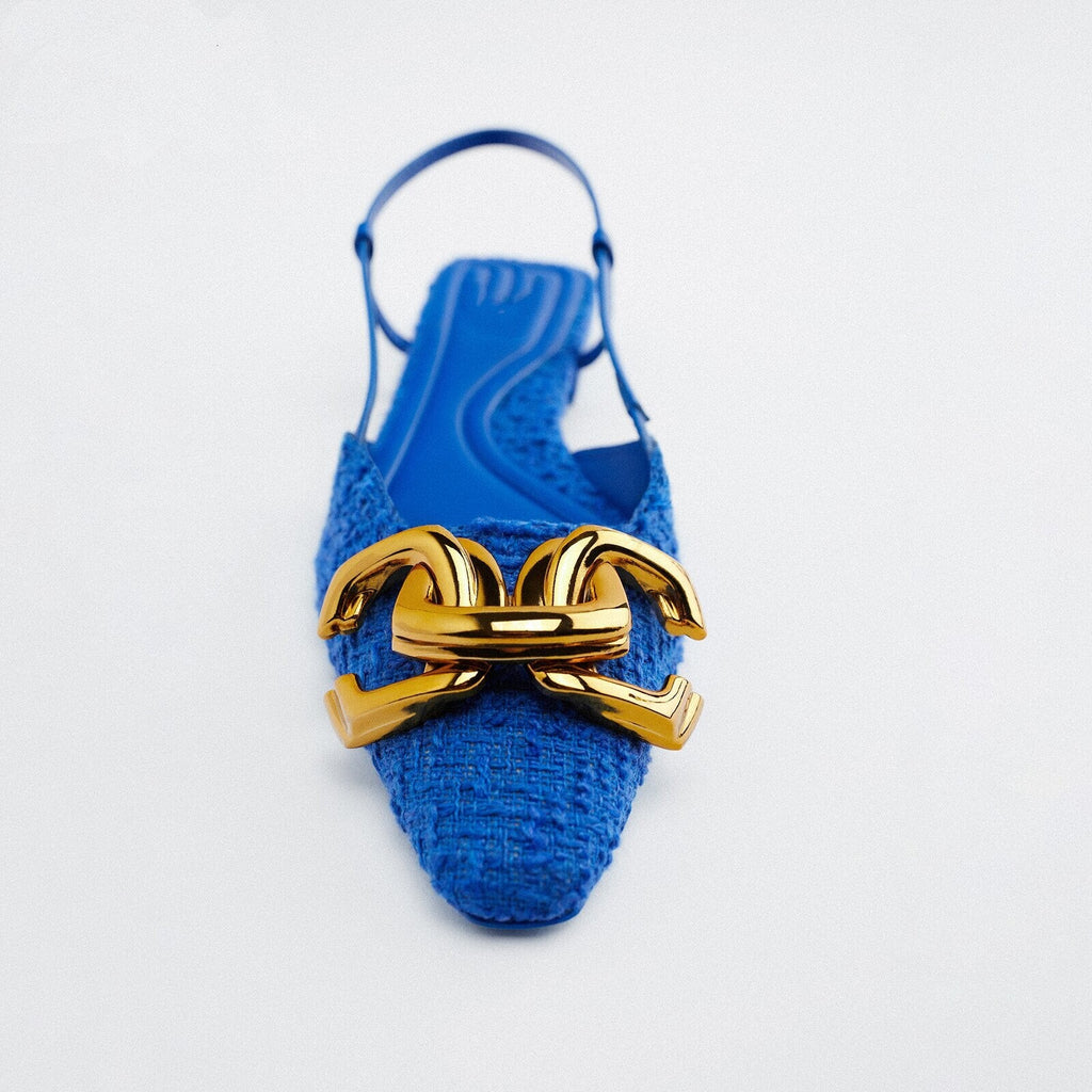 woloong  Brand Fashion Women Shoes Spring Summer New Blue Back Empty Personality Sandals Metal Decoration Flat All-match Mules