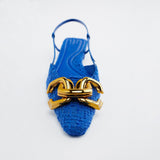 woloong  Brand Fashion Women Shoes Spring Summer New Blue Back Empty Personality Sandals Metal Decoration Flat All-match Mules