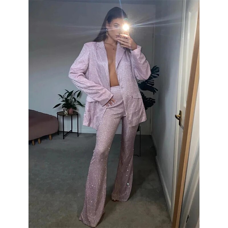 Glitter Silver Party Two Piece Pants Set Women Club Night Outfits Fashion Sparkly Blazer Matching Sets Femme Tracksuit