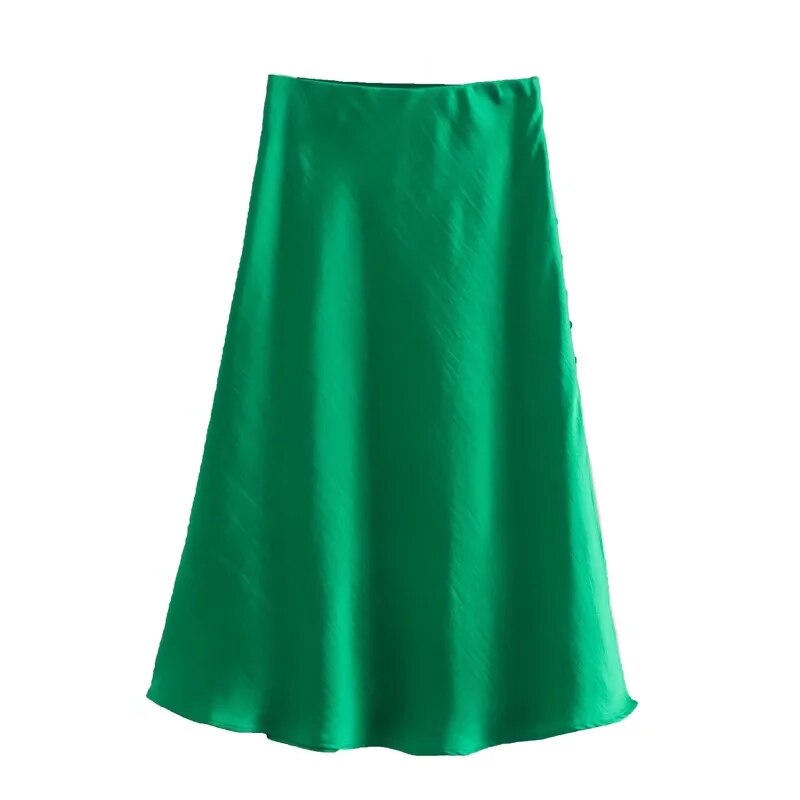 woloong  Summer Women Satin Elastic Waist Side Slit A-Line Skirt New Fashion Lady Button Decoration Falda Midi LUJIA ALAN P1597
