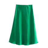 woloong  Summer Women Satin Elastic Waist Side Slit A-Line Skirt New Fashion Lady Button Decoration Falda Midi LUJIA ALAN P1597