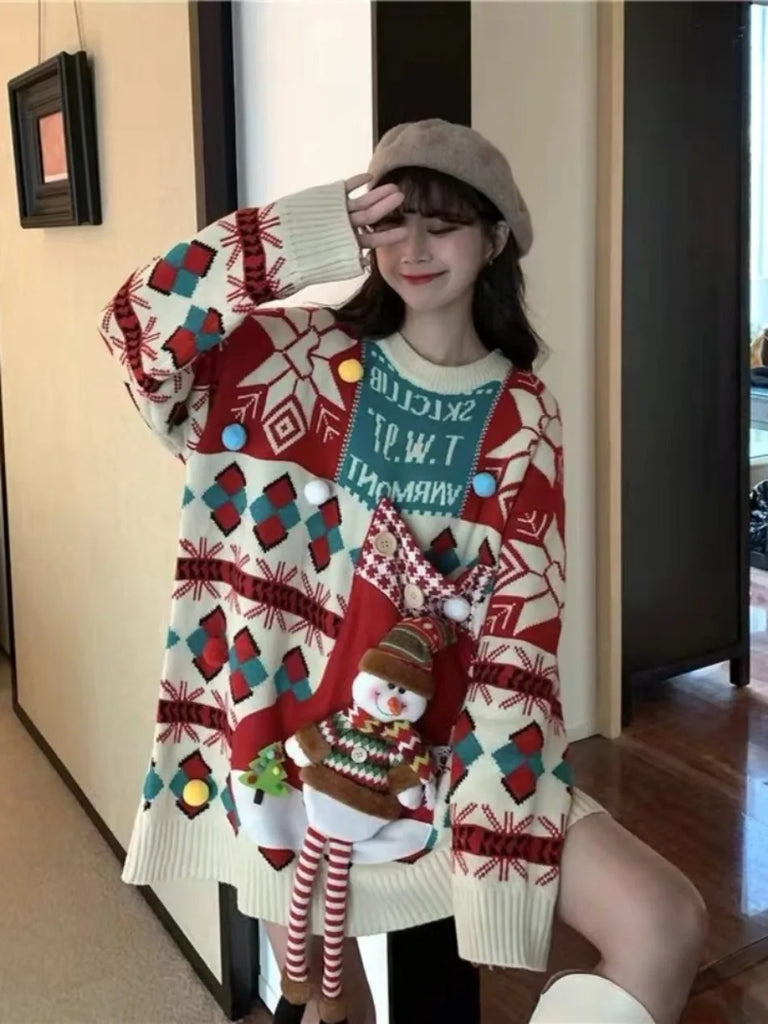 Women's Sweater  Winter New Christmas Long Sleeve O Neck Knitted Sweaters Tpos Korean Fashion Casual Loose Sweater Pullovers New Year