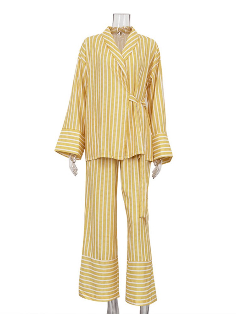 Casual Yellow Stripe Home Suits Elegant High Waist Wide Pants Set Fashion Long Sleeve Shirts Two Piece Pajamas Set Women Outfit