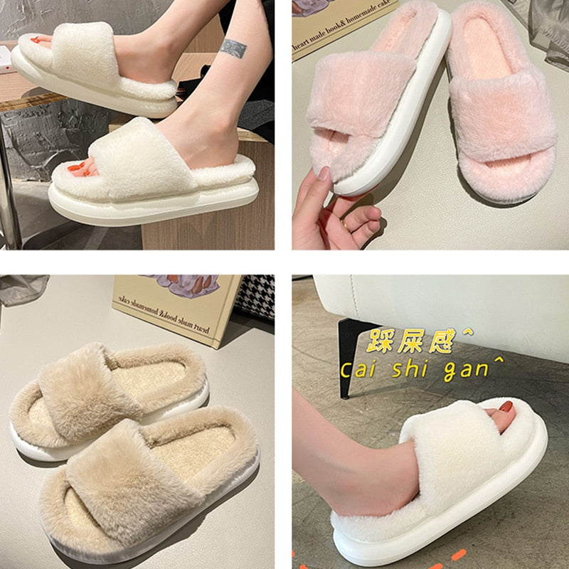 goosudu Thick Fluffy Fur Slippers New Women Winter House Warm Furry Slippers Women Flip Flops Home Slides Flat Indoor Floor Shoes