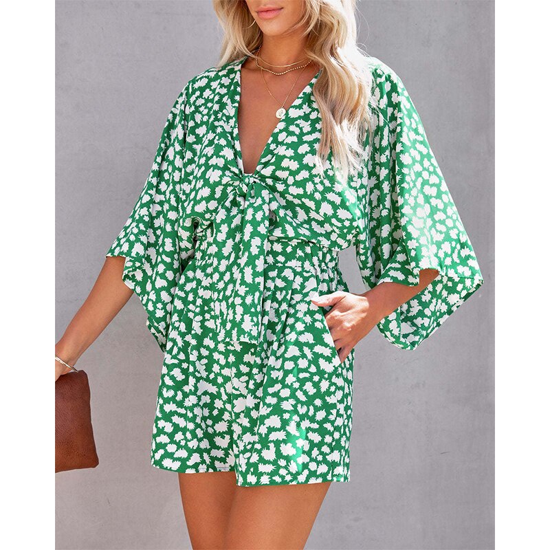 Leopard Print Bowknot Wide Leg Romper Overalls Casual Loose Summer V Neck Playsuits Short Jumpsuits Pockets