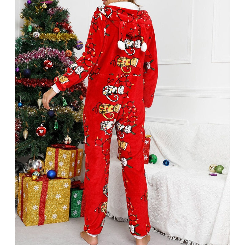 Women Winter Casual Nightwear Christmas Printed Long Sleeve Hooded Jumpsuit Loose Pajama Home Sleep Wear S/ M/ L/ XL/ XXL