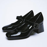 woloong High Heels Women's Spring New Round Toe Black Ladies Small Leather Shoes Retro Fashion Thick Heel Shallow Shoes