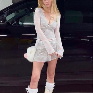 Women Lace Trim 2 Piece Skirt Set Sexy See Through Sleeveless Crop Tops Bodycon Skirt Outfits Summer Skirt Suit