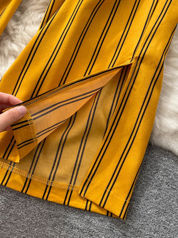 goosudu Summer New Fashion All-match Women's Casual Pants Retro Striped Color Slim Long Slit Wide Leg Pants DK1053