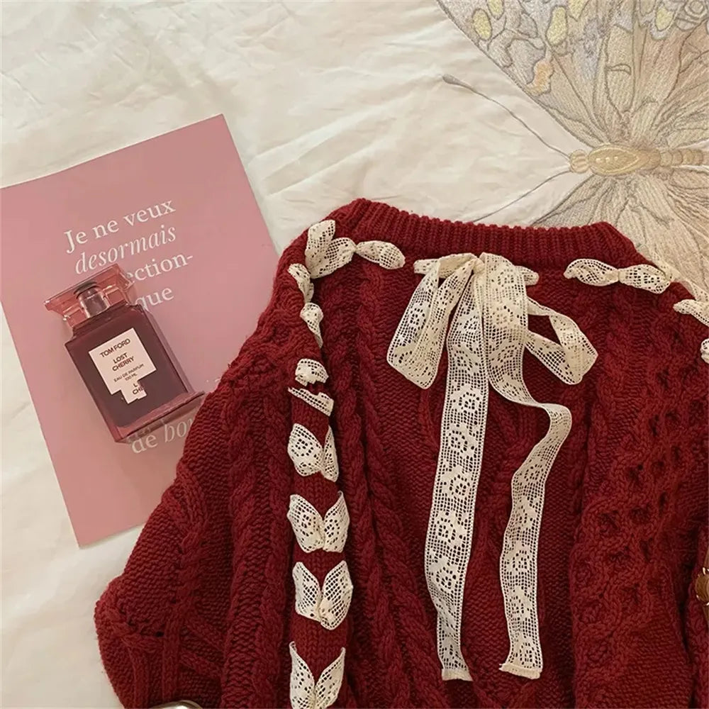 Cute girl red Fried Dough Twists ribbon sweater Autumn/Winter New Christmas Sweet Bow Knit Top Women's Korean Fashion Sweat New Year