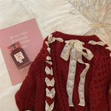 Cute girl red Fried Dough Twists ribbon sweater Autumn/Winter New Christmas Sweet Bow Knit Top Women's Korean Fashion Sweat New Year
