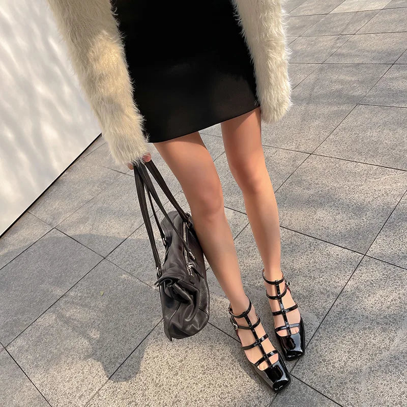 Fashion Sandals Women New High Real Genuine Leather Square Head Slim Strap Buckle Roman Style High Heels Summer Versatile
