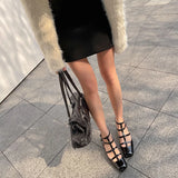 Fashion Sandals Women New High Real Genuine Leather Square Head Slim Strap Buckle Roman Style High Heels Summer Versatile