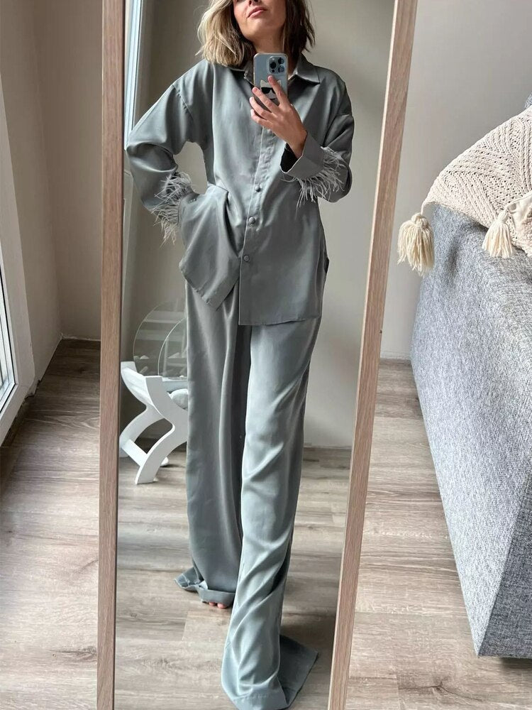 Elegant Sleepwear Pajama Pants Suit Woman Fashion Long Sleeve Feather Blouses Loose Long Pants 2 Piece Sets Womens Outfits