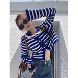 Striped Knitted Cardigan Women Hollow Out Turn Down Collar Long Sleeve Cropped Sweater Loose Outwear Autumn New Tops