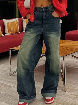 Vintage Wide Leg For Women Jeans Fashion New Jean Streetwear Zipper Pocket High Street Female Y2k Denim Trousers