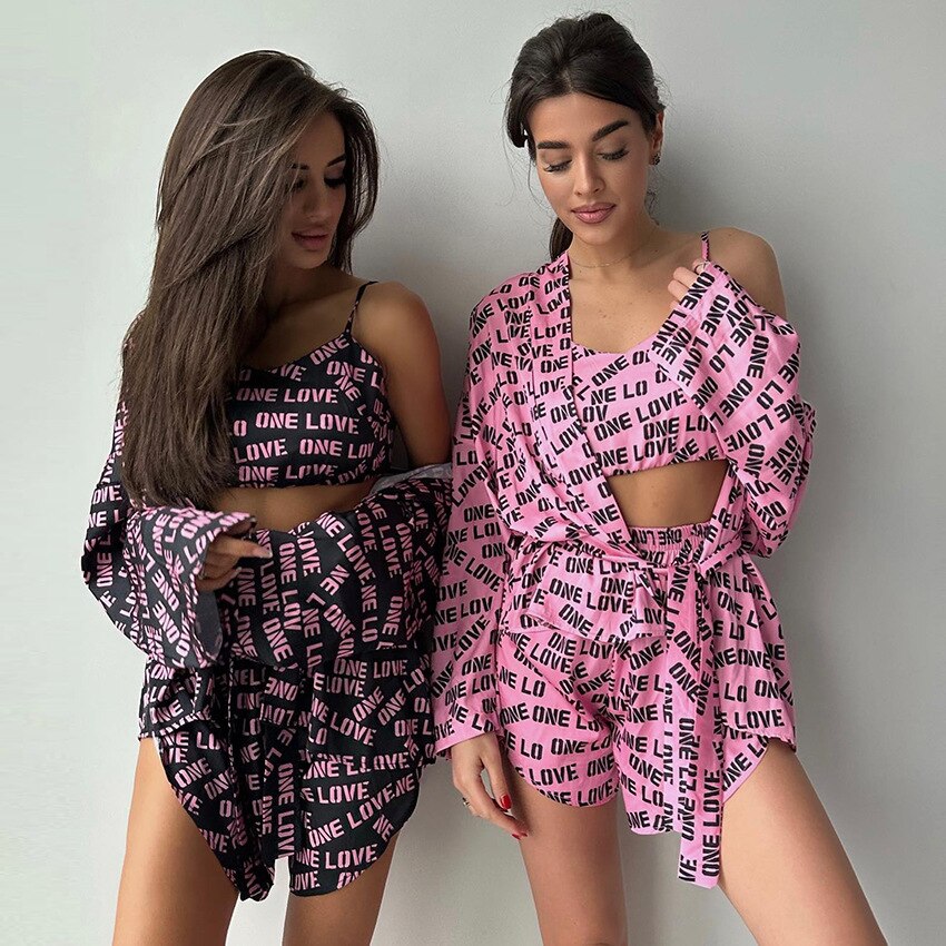 Casual Print Women's Pajamas  Sexy Loose Pajamas For Women Lace-Up Long Sleeve Robes Shorts Set Female Sleepwear Home Suit