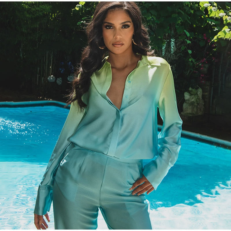 Gradient Color Two-Piece Pants Suits Women Pajamas Set Long Sleeve Lapel Button down Shirts+High Waist Long Pants Lady Outfit