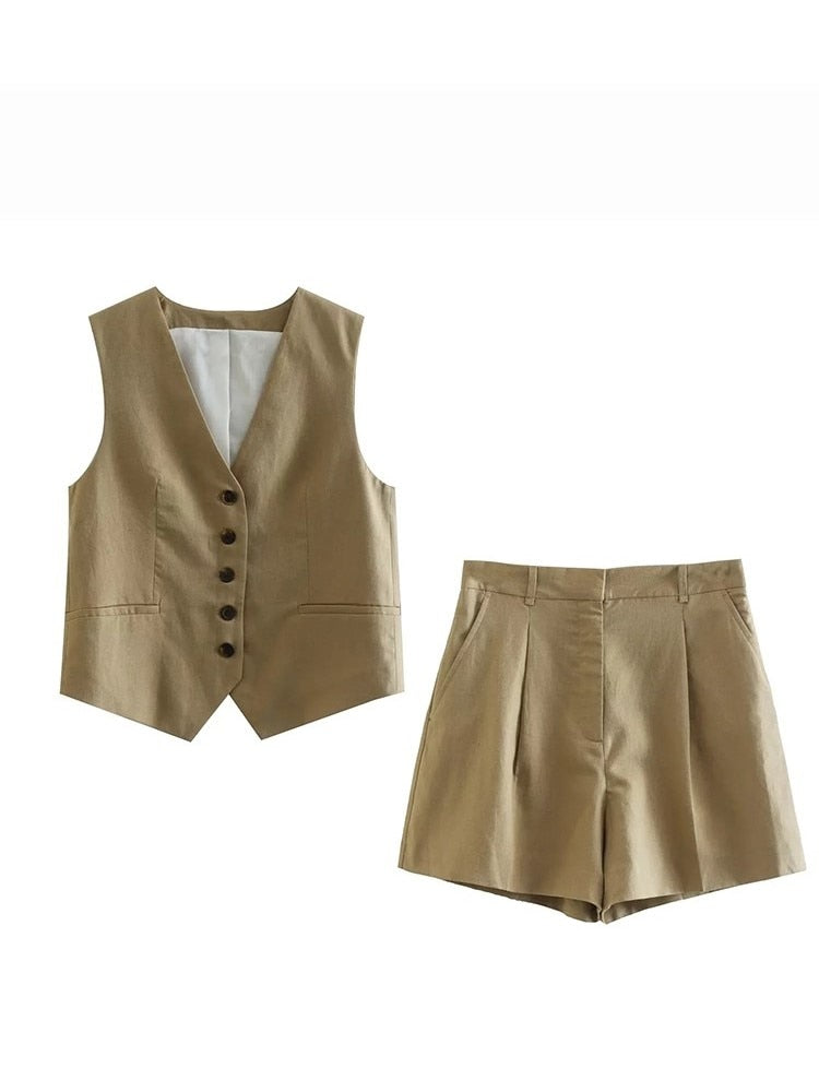 Linen V-neck Vest High Waist Shorts Sets Single Breasted Sleeveless Blazer Shorts 2 Pcs Set Women Fashion Commuter Suits