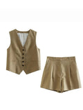 Linen V-neck Vest High Waist Shorts Sets Single Breasted Sleeveless Blazer Shorts 2 Pcs Set Women Fashion Commuter Suits