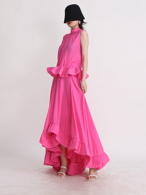 Solid Two Piece Sets For Women Stand Collar Sleeveless Tops High Waist A Line Skirts Summer Set Female Fashion New