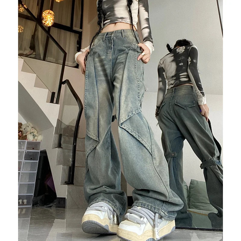Blue Women Jeans Vintage High Waist Chic American Fashion Y2K Streetwear Wide Leg Jean Female Trouser  NEW Baggy Denim Pants