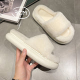 goosudu Thick Fluffy Fur Slippers New Women Winter House Warm Furry Slippers Women Flip Flops Home Slides Flat Indoor Floor Shoes
