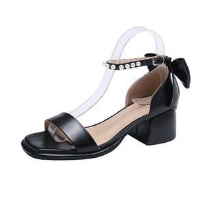 woloong Brand Ladies Sandal Spring New Fairy Pearl Sandals Sweet Square Heel with Mesh Crystal Temperament High Heels Tenis Masculino