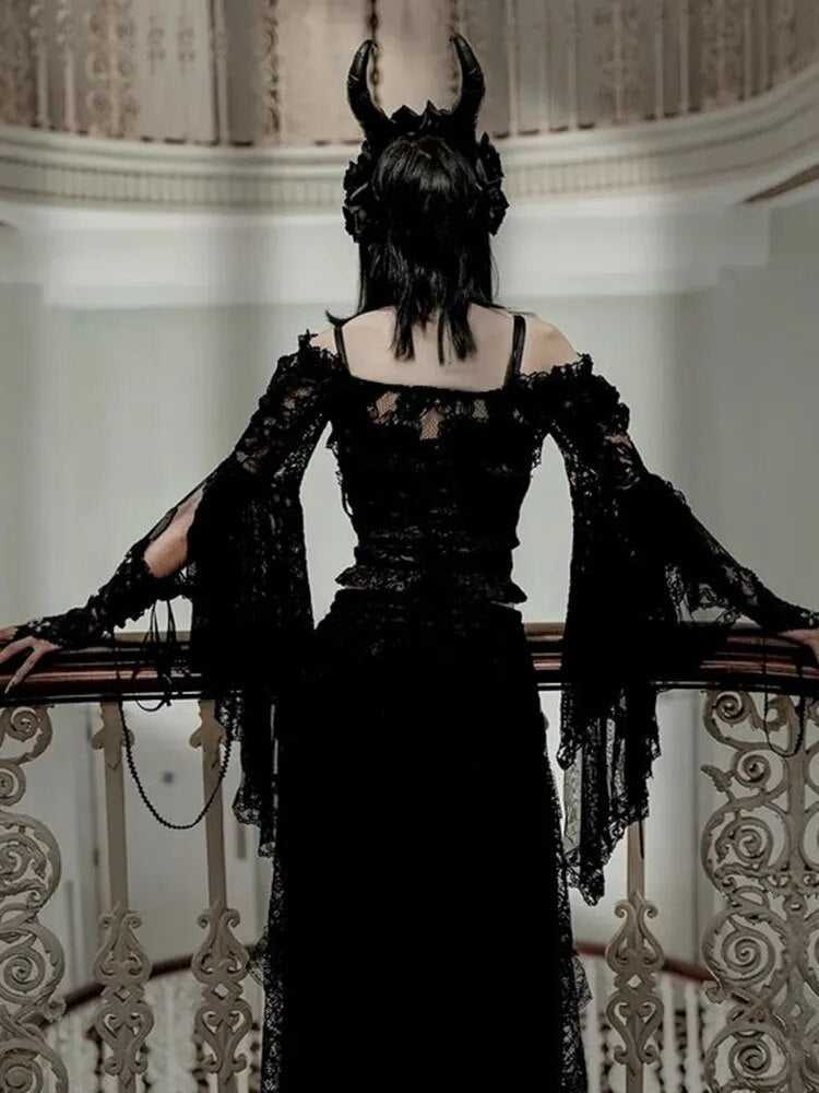 New Gothic Y2K Vintage Lace Overlays See Through Woman Cosplay Cover-ups Coat Stand Flare Sleeve Black Fairy Grunge Smock