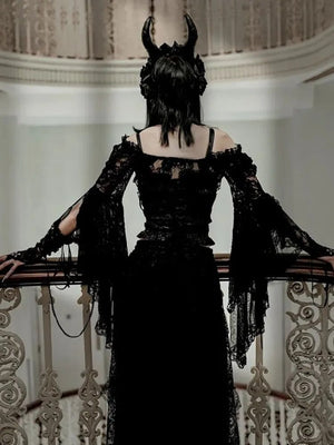 New Gothic Y2K Vintage Lace Overlays See Through Woman Cosplay Cover-ups Coat Stand Flare Sleeve Black Fairy Grunge Smock