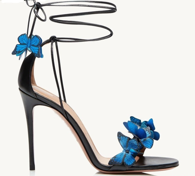 woloong Green Yellow Butterfly Sandals Back Lace Up Blue Red Thin High Heel Sandals New Summer Shoes For Women Stilettos Sandals