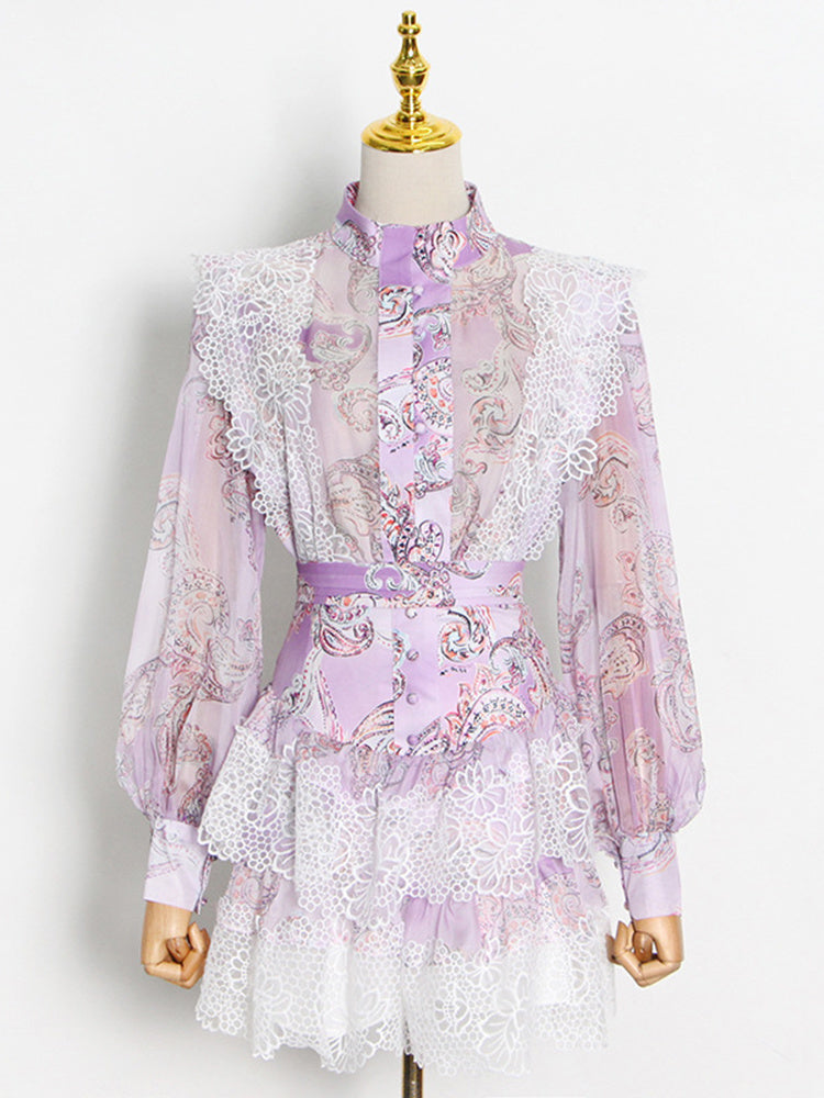 woloong  Sweet Patchwork Lace Set For Women Stand Collar Long Sleeve Shirt High Waist Skirt Print Sets Female Fashion New