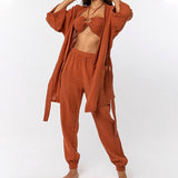 Women Double Layer Wrinkled Cotton Home Suit Sexy Casual Lace Up Shirt Sling Pencil Pants 3 Piece Set Autumn Beach Outfits