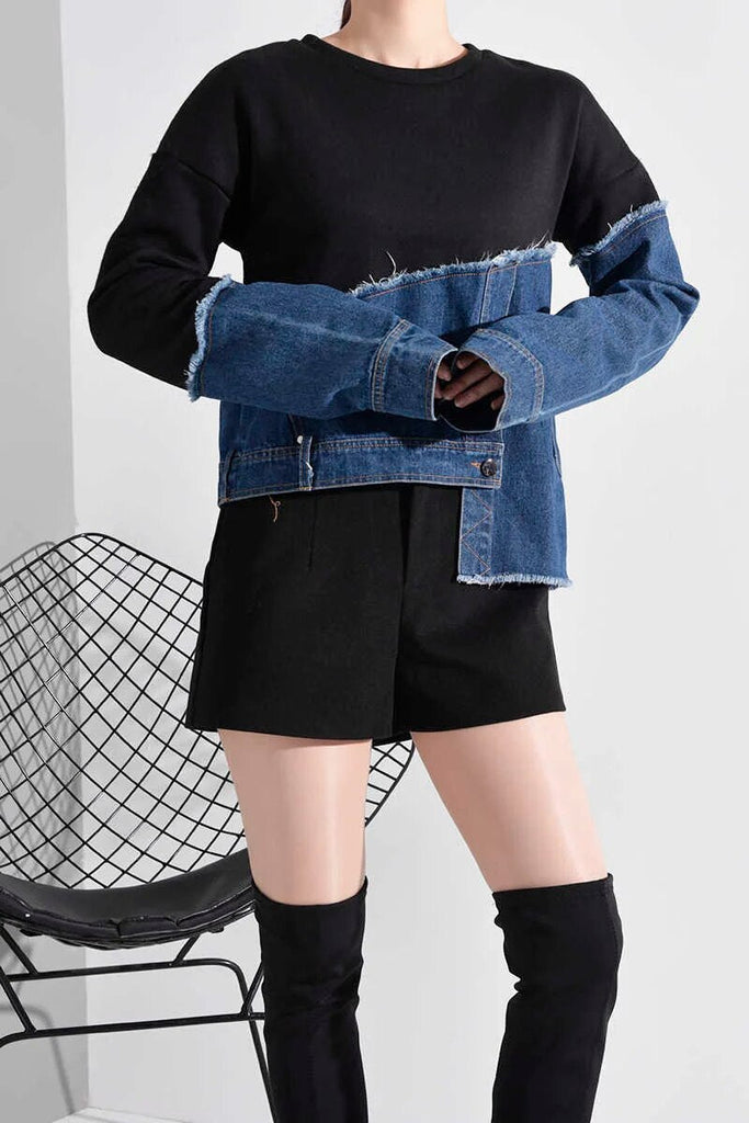 Loose Fit Denim Burr Split Asymmetrical Sweatshirt New Round Neck Long Sleeve Women Big Size Fashion Spring 1M87901