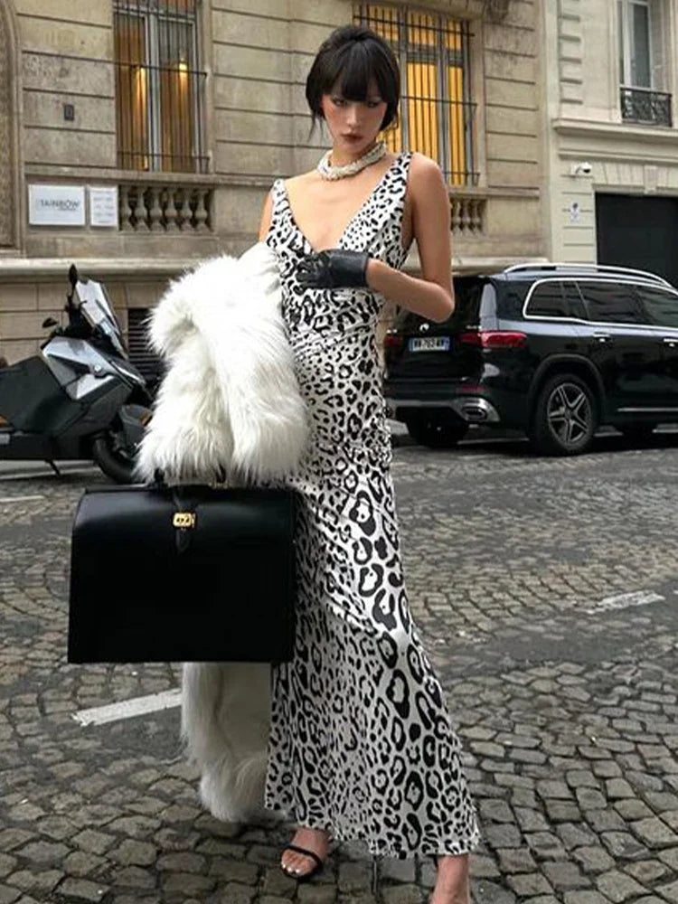 Elegant Deep V Neck Backless Slim Evening Long Dress Women Sexy Leopard Print Slip Maxi Dress Party Clubwear new