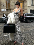 Elegant Deep V Neck Backless Slim Evening Long Dress Women Sexy Leopard Print Slip Maxi Dress Party Clubwear new