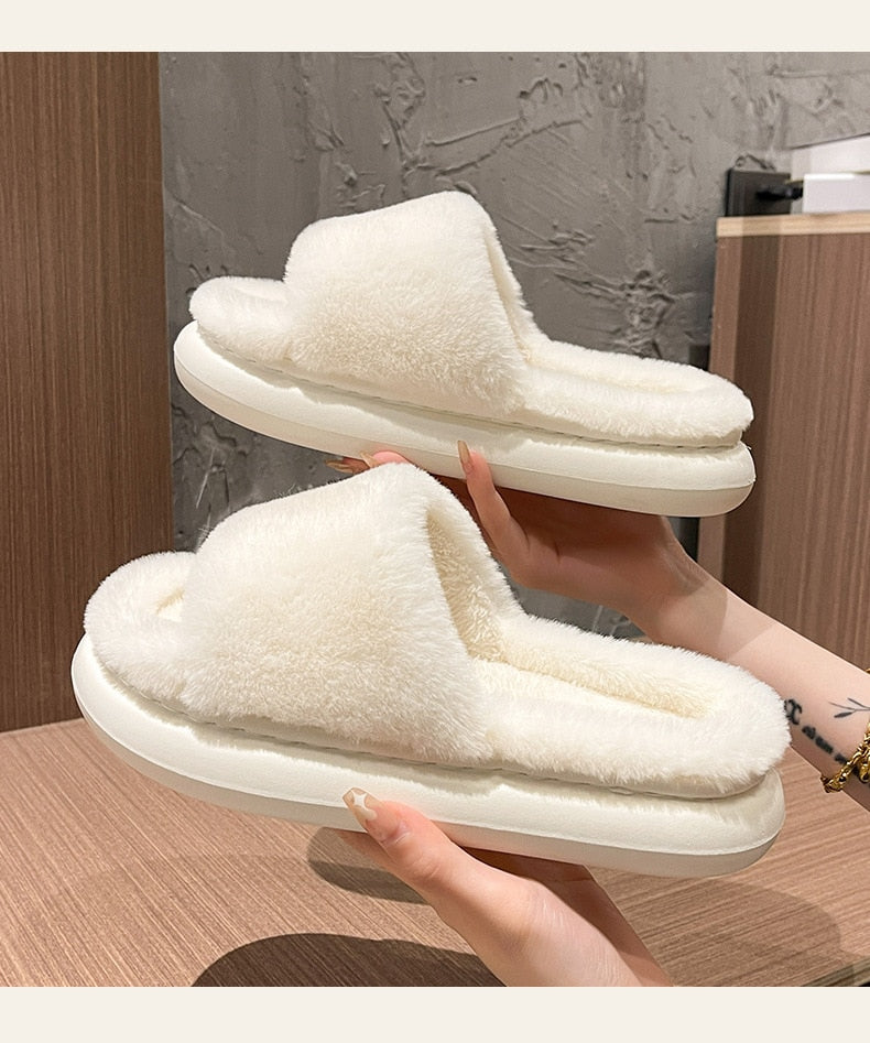 goosudu Thick Fluffy Fur Slippers New Women Winter House Warm Furry Slippers Women Flip Flops Home Slides Flat Indoor Floor Shoes