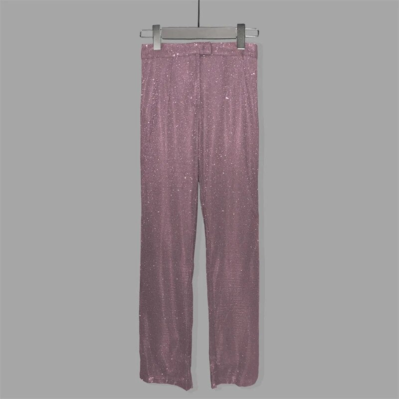 Glitter Silver Party Two Piece Pants Set Women Club Night Outfits Fashion Sparkly Blazer Matching Sets Femme Tracksuit