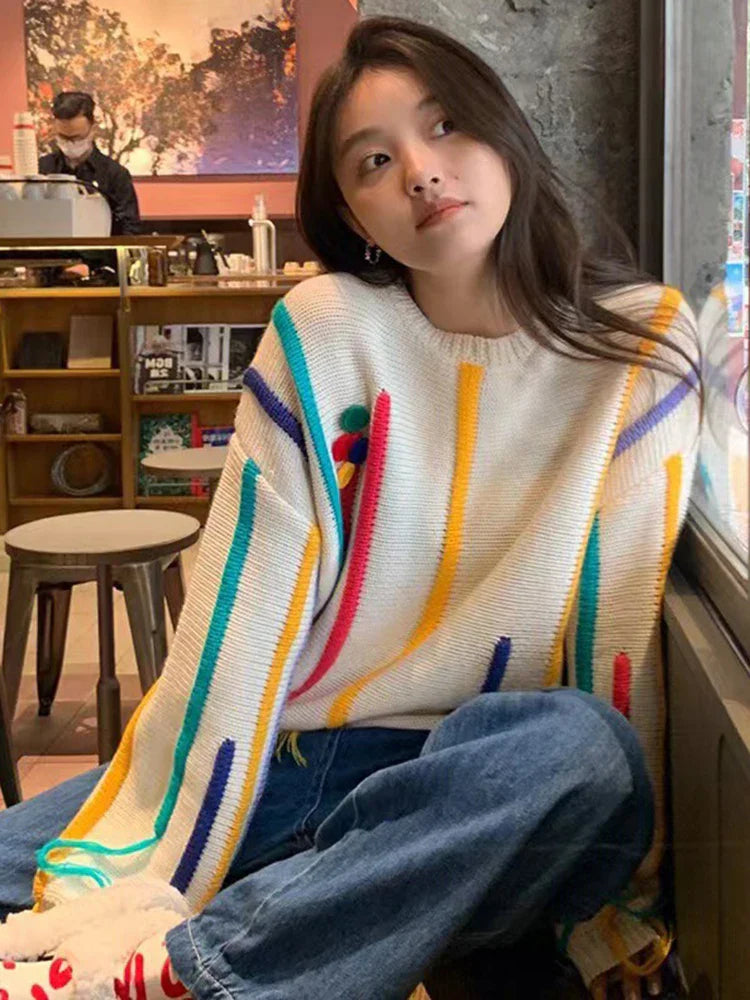 Rainbow Striped Sweater Women Pullovers Fall Winter New O Neck Long Sleeve Knit Tops Korean Chic Warm Tassel Jumpers