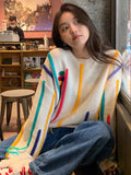 Rainbow Striped Sweater Women Pullovers Fall Winter New O Neck Long Sleeve Knit Tops Korean Chic Warm Tassel Jumpers