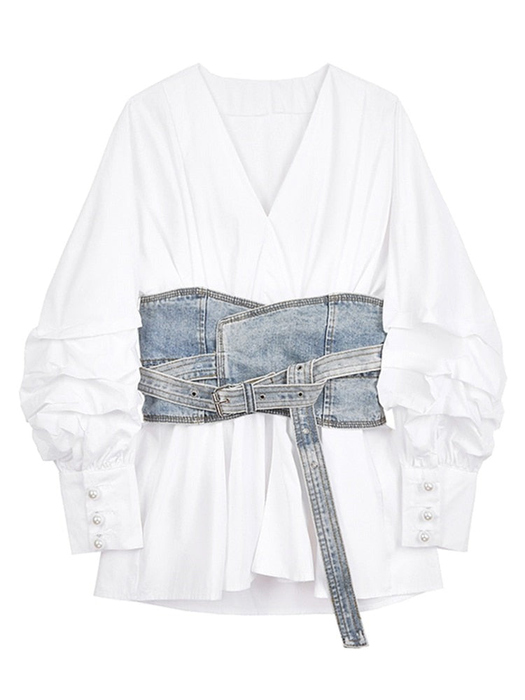 Women White Denim Split Temperament Blouse New Lapel Long Lantern Sleeve Loose Fit Shirt Fashion Spring Autumn 1Z942