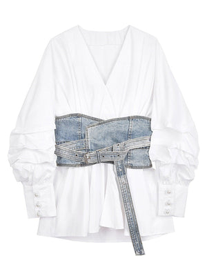 Women White Denim Split Temperament Blouse New Lapel Long Lantern Sleeve Loose Fit Shirt Fashion Spring Autumn 1Z942