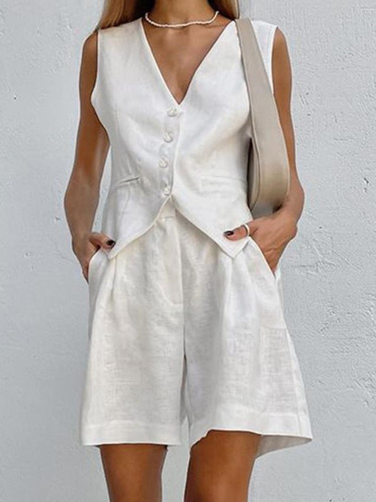 Cotton Linen Vest Shorts White Blue Sets Sleeveless Button V-neck Waistcoat 2 Pieces Set Womens Elegant Top Shorts Suits